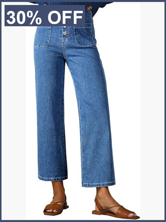 Denim - High Waisted Wide Leg Stretchy Straight Jeans Loose Denim Pants Pocket